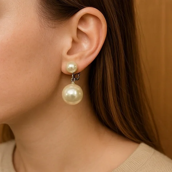 Vintage Fashion Clip-on Faux Pearl Drop Earrings 1” long - Picture 1 of 6